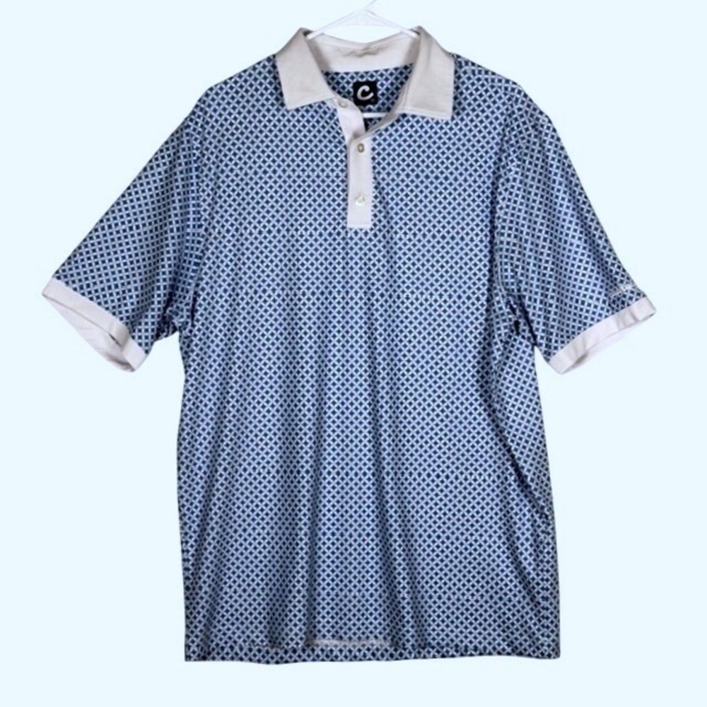 Clubhouse Mens Blue Geometric Quatrefoil Performance Golf Polo Shirt Size L